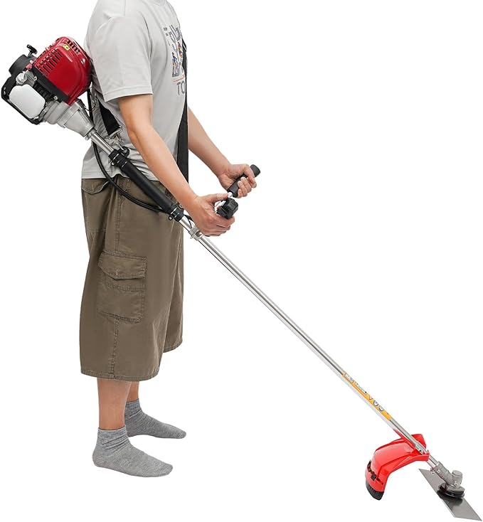 35.8CC 2 in1 Gas Powered Brush Cutter,1.3-1.4HP 4-Stroke Engine Grass Trimmer/Edger, Handhold Lawn Mower for Garden Edging & Lawn Care, 5000-7000RPM
