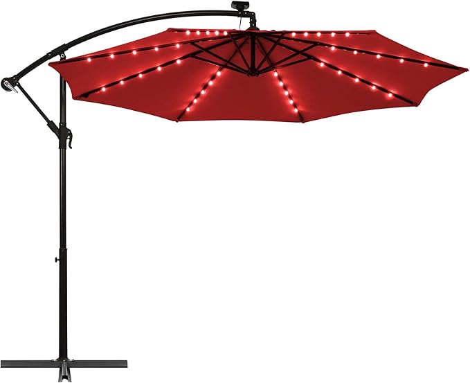 Tangkula 10 Ft Patio Offset Umbrella, 40 LED Lighted Market Umbrella W/8 Sturdy Ribs, Easy Tilt Adjustment & Crank, Polyester Shade, Ideal for Backyard, Garden, Seaside, Store, Pool (Burgundy)
