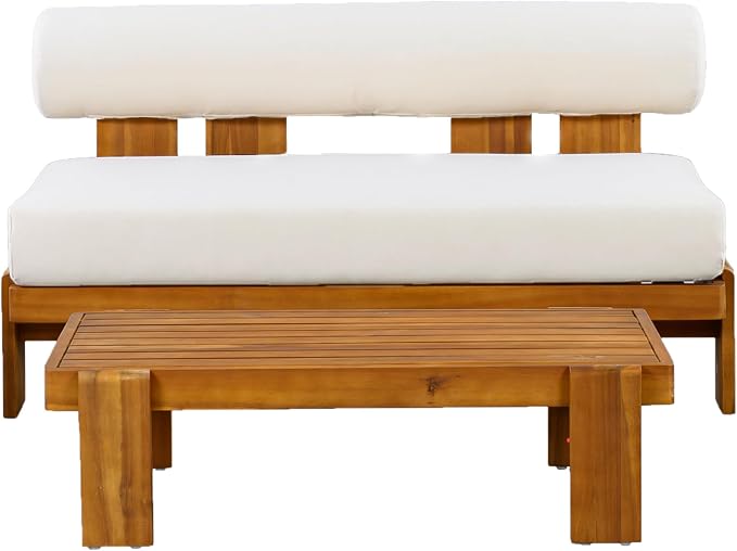 Merax 2 Piece Patio Loveseat & Coffee Table Set with Acacia Wood Frame, Waterproof Cushions & Round Backrest for Garden, Deck & Balcony, Beige+Teak