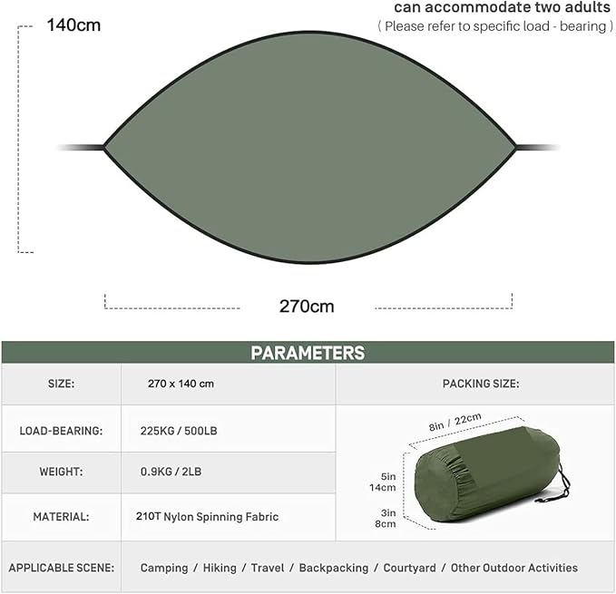 Portable Lightweight Outdoor Hammocks, Double Camping Hammock with Tree Straps, Nylon Parachute Hammock with Carabiners, for Hiking Camping Beach (Color : Brown, Size : 270x140cm)