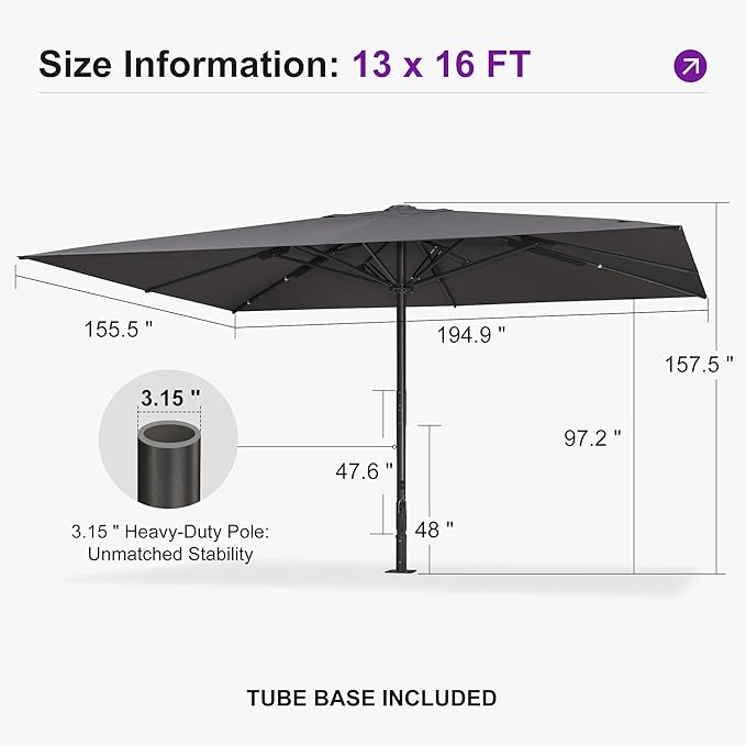 PURPLE LEAF 16' x 13' Rectangular Semi-Auto Outdoor Patio Umbrella Aluminium Market Umbrella Table Sun Umbrella with 3.15" Rod and 8 Sturdy Ribs for Deck Lawn Pool Garden, Gray