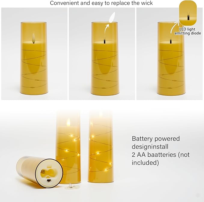 kakoya Flameless LED Candles with Timer 9 Pc Flickering Flameless Candles for Romantic Ambiance and Home Decoration Stable Acrylic Shell,with Embedded Star String，Battery Operated Candles（Gold）