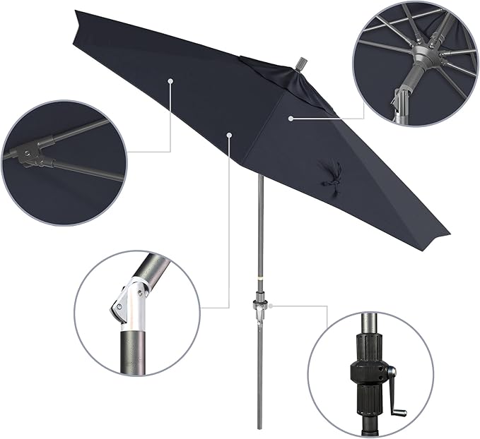 California Umbrella 9' Rd. Crank Lift, Collar Tilt, Aluminum Pole, Fiberglass Rib Patio Umbrella, Hammertone Grey Finish, Sunbrella Spectrum Indigo