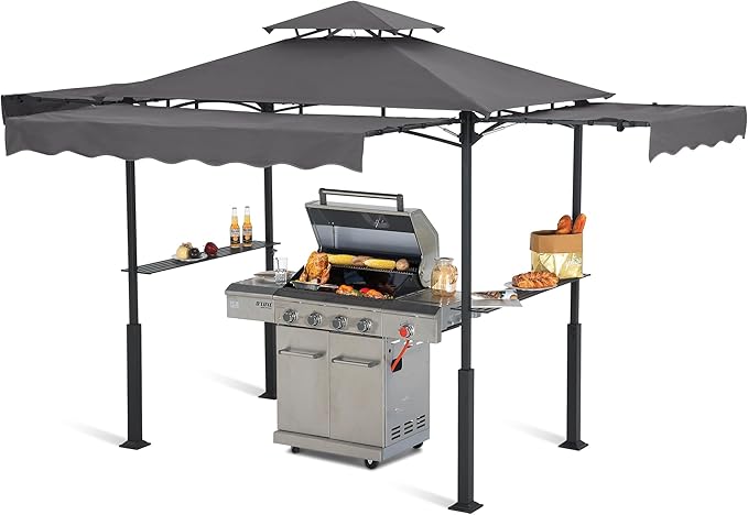 ABCCANOPY Grill Gazebo with Extra Awning on Three Sides - 5'x14' Outdoor Grill Canopy BBQ Gazebo Barbecue Canopy with LED Lights for Backyard, Lawn and Patio (Dark Gray)