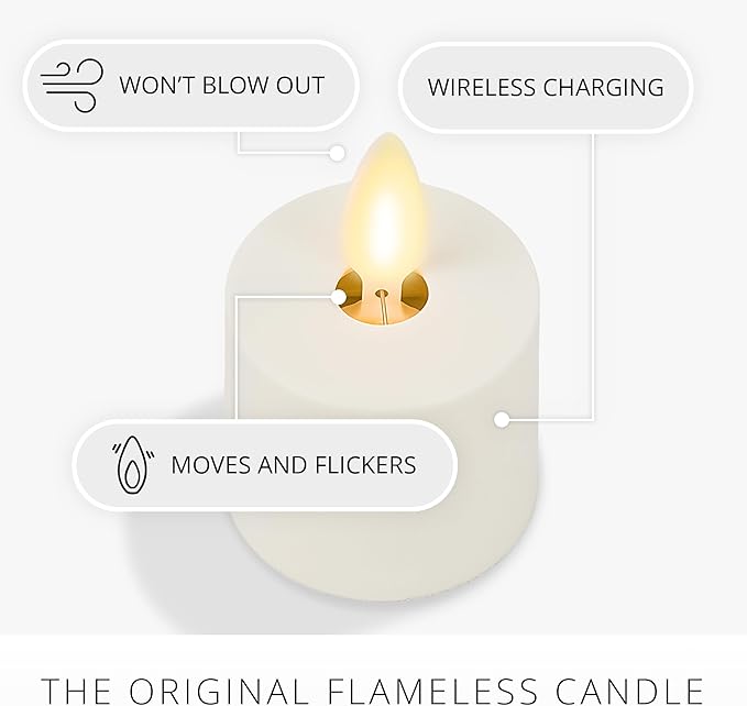 Luminara Flameless Tealights Rechargeable LED Set of 2 1.5" x 2.1", Battery Operated Moving Flame w/USB Charging Base, Indoor Safe Decorative Lights