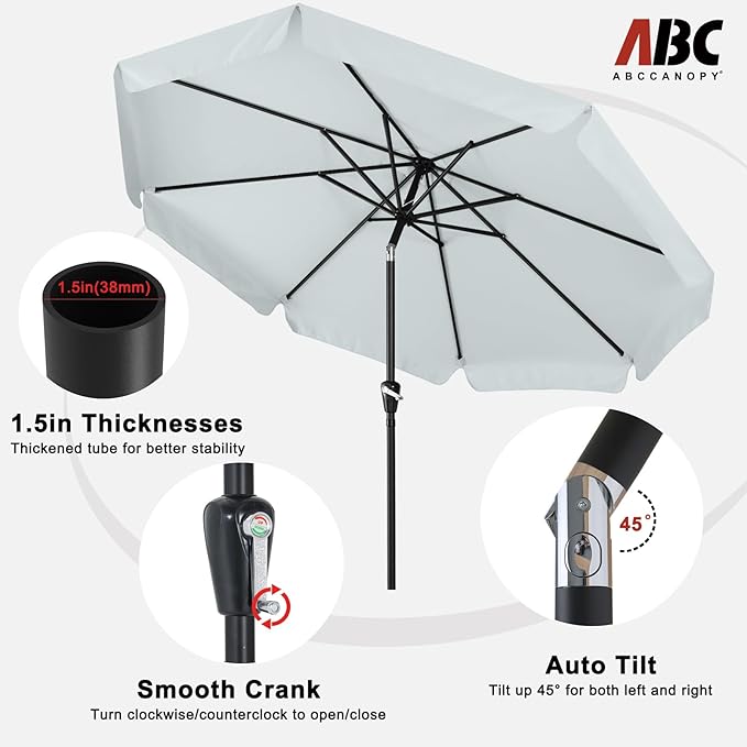 ABCCANOPY 10Ft Outdoor Patio Umbrella Garden Table Umbrella Market Umbrella with Tilt Adjustment and Crank for Garden, Deck, Backyard and Pool, 8 Sturdy Ribs, Ash Gray