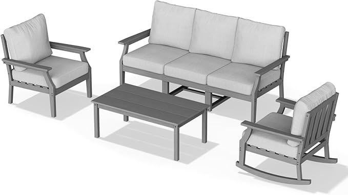 HDPE Patio Conversation Set, 6-Piece All Weather Outdoor Furniture Set with 1 Single Rocking Armchairs for Deck, Lawn, with Cushion, Gray