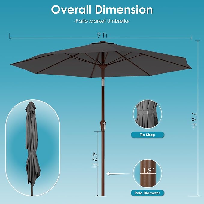 GREENVINES 9-FT-Patio-Umbrella | Outdoor-Table-Umbrellas | 8 Sturdy Fiberglass Ribs | Push Button Tilt & Crank | Waterproof | Market Umbrella | for Pool Backyard Garden Deck | Charcoal Gray