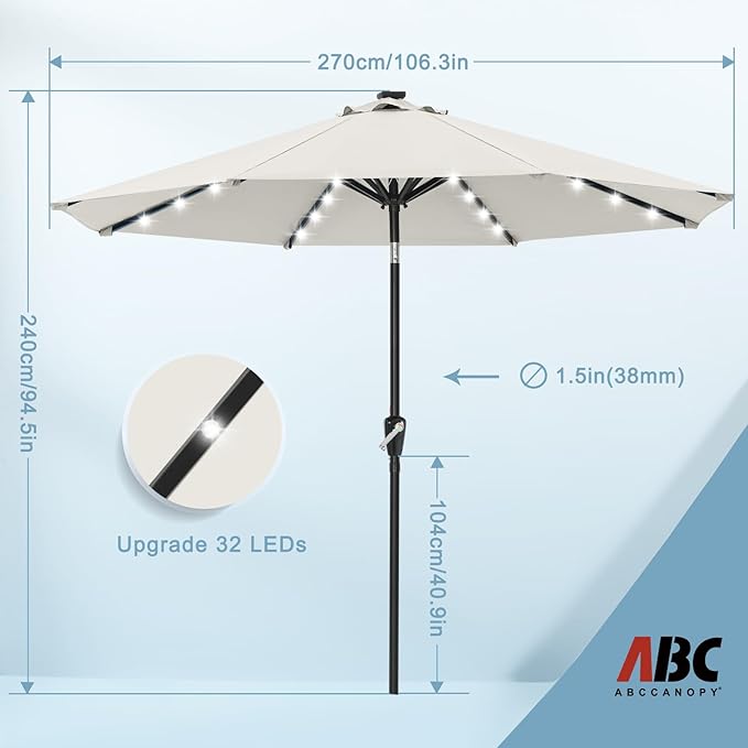 ABCCANOPY Durable Solar Led Patio Umbrellas with 32LED Lights 9FT (Creamy White)