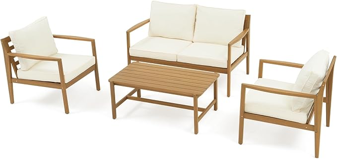 SUNSITT 4 Piece Acacia Wood Patio Furniture Set, Outdoor Conversation Sofa Set with Coffee Table & Cushions for Garden, Backyard, Cream White