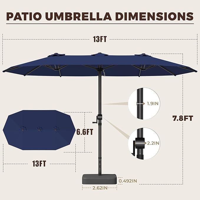 GDPFN 13FT Large Patio Umbrella, Outdoor Deck Standing Umbrella with Crank Handle, Double-Side Rectangular Pool Umbrella for Outside, Market, Patio, Navy Blue