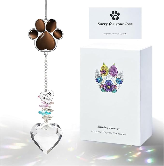 Dog Memorial Gifts, Pet Memorial Suncatcher, Loss of Dog Sympathy Gift | Thoughtful Dogs and Cats Bereavement Remembrance Gifts, Natural Cat's Eye Stone Paw Crystal Suncatcher
