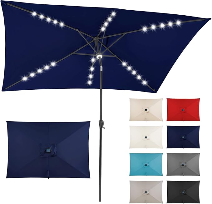 FLAME&SHADE 6.5 x 10 ft Rectangular Solar Powered Outdoor Market Patio Table Umbrella with LED Lights and Tilt, Navy Blue