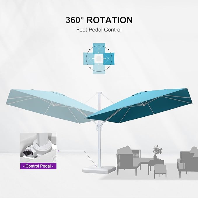 PURPLE LEAF 10 FT Patio Umbrella With Base White Cantilever Umbrella Square Outdoor Offset Umbrella Windproof with 360° Rotation for Garden Deck Pool, Turquoise