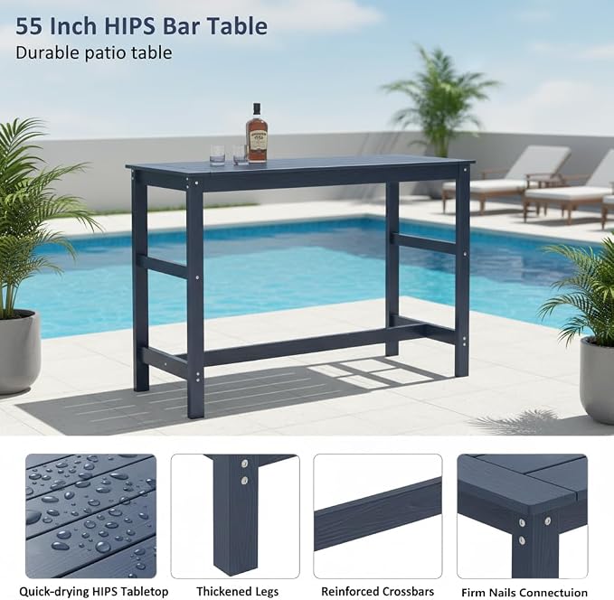 5Pcs Poly Lumber Outdoor Patio Bar Set, All Weather HIPS Bar Table and Chairs Set for Outside, 55" Rectangular High Top Bar Table with 4 Bar Stools for Patio, Poolside, Balcony, Hot Tub, Blue