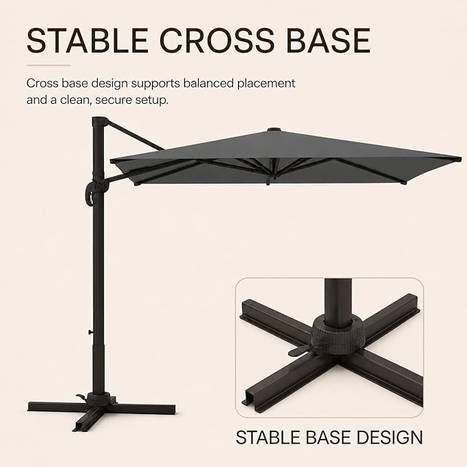Kingdura 8' X 8' Cantilever Patio Umbrella with Base Included, Large Square Outdoor Offset Umbrella with 360-degree Rotation, 4 Position Tilt, UV Protection for Pool Deck Garden Patio (Grey)