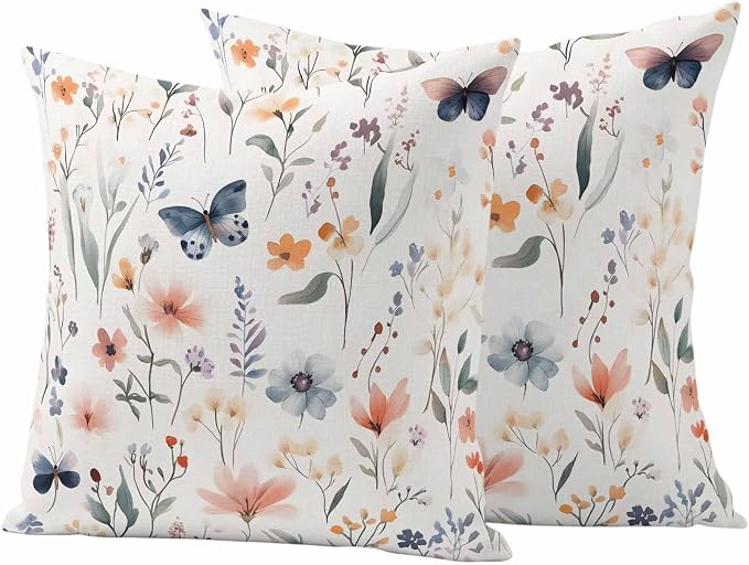 Spring Flower Butterfly Outdoor Waterproof Throw Pillow Covers Set of 2, 20"x20", Retro Watercolor Floral Leaf Decorative Pillow Covers Outside Cushion Case for Patio Porch Garden