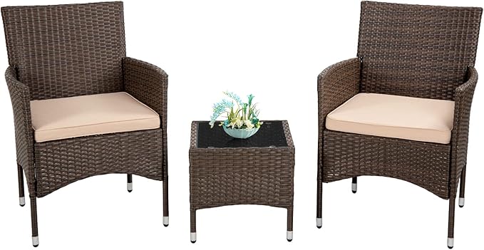 Outdoor Patio Furniture Set，3 Pieces Wicker Bistro Set Outdoor Patio Set Rattan Chair Conversation Sets Patio Sofa Wicker Table Set for Yard Backyard Lawn Porch Poolside Balcony (Khaki)