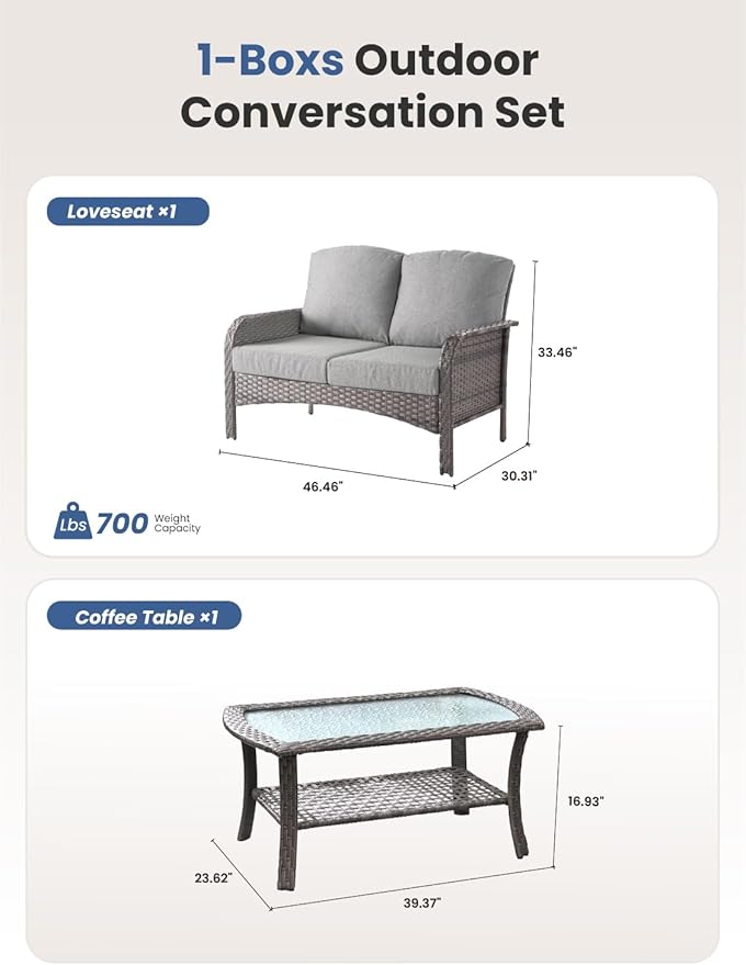 2-Piece Outdoor Patio Furniture Set with Coffee Table, Outdoor Conversation Wicker Sofa with Thickened Cushions, Rattan Couch for Deck Yard Poolside, Dark Grey