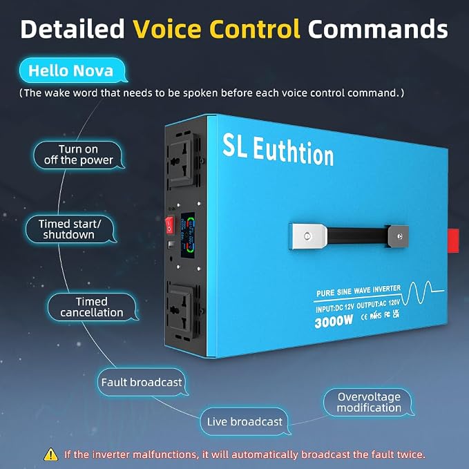 3000W Pure Sine Wave Power Inverte rvoice Control AI Voice Assistant Support English 24V to 120V 60HZ with LCD Display, USB Port, for Car Home Laptop Truck