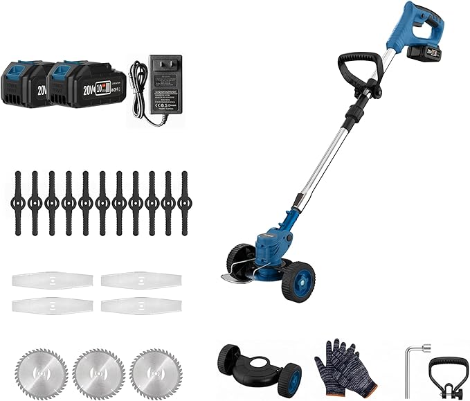 FIREHELP-20V Max Brushless String Trimmer Edger with Dual Batteries, Adjustable Telescopic Shaft, 3 Mode Cutting (Trimmer/Edger/Mower) (Teal Blue + Wheel Kit)