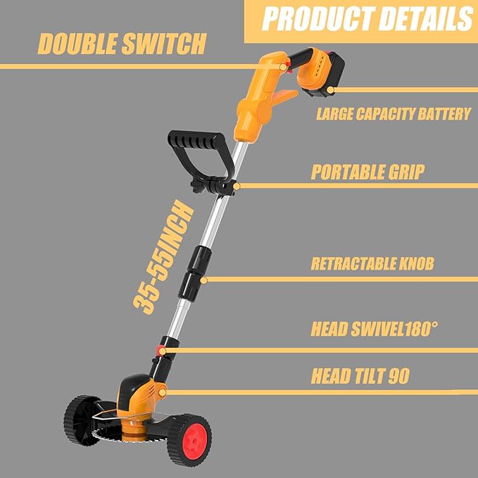 Electric Weed Wacker Cordless Eater Battery Powered, String Trimmer with 21V/4.0Ah Battery Operated & Wheels 3 Types Blades, 3 in 1 Stringless Grass Trimmer/Edger/Brush Cutter for Garden Yard Lawn