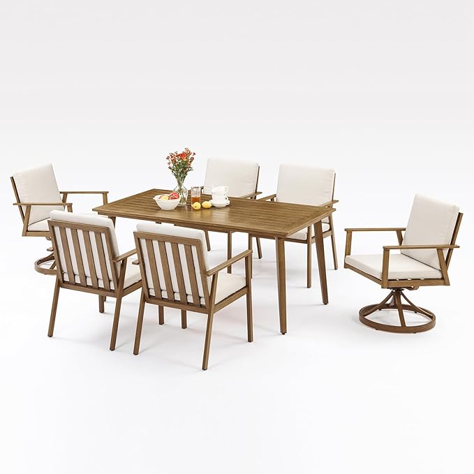 7 Pieces Patio Dining Set, Never-Rust Aluminum Outdoor Dining Table Set with Removable Cushions, Outdoor Furniture Set with 2 Swivel Chairs, 4 Dining Chairs for Deck Poolside, Backyard, Teak