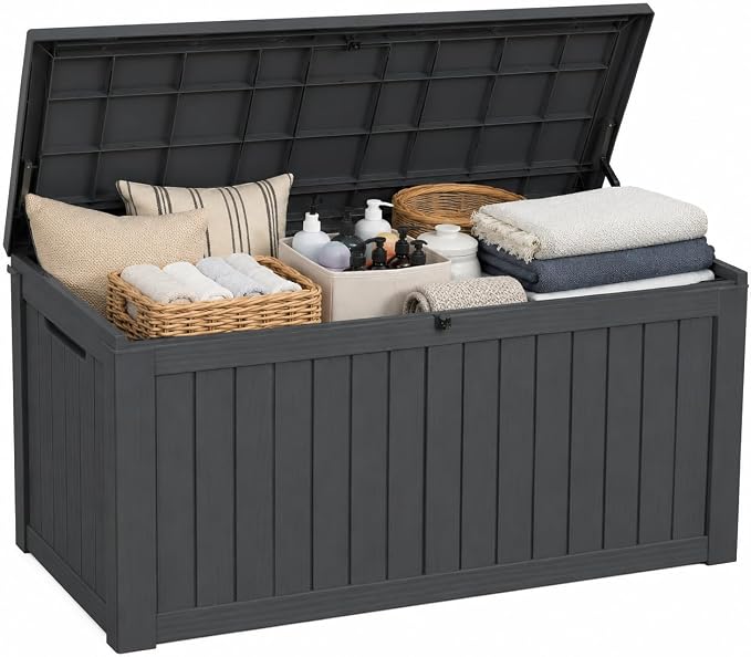 Outdoor Deck Patio Storage Box - 170 Gallon Large Outdoor Deck Box, Plastic Storage Bin with Lid, Outside Toy Box & Pool Storage Container for Cushions, Garden Tools, Towel, Black