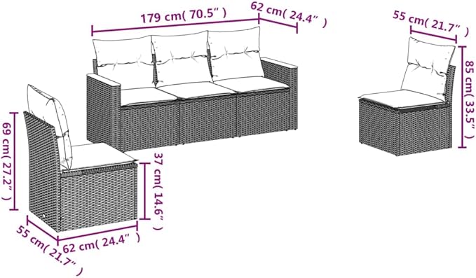 5 Piece Patio Sofa Set with Cushions, Outdoor Sofa Sets Patio Conversation Set Outdoor Dining Sets Porch Furniture Set for Piazza Garden Exhibition Negotiation Area Black Poly Rattan