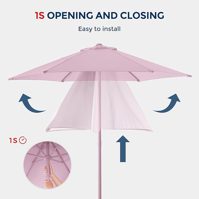 HOMSHADE 7.5ft Outdoor 1S Push-Up Patio Umbrella - Market Table Pool Deck Umbrella UPF50+ UV Protection with 6 Sturdy Ribs for Balcony, Garden, Lawn, Backyard (Light Pink)