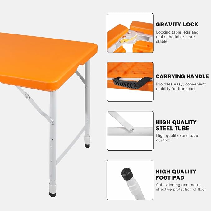 Portable Plastic Folding Table 4ft/6ft/8ft Heavy Duty White-Orange Picnic Dining Table Fold-in-Half for Camp Party Kitchen Indoor Outdoor