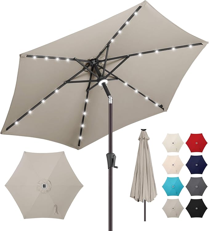 10ft Solar Patio Umbrella - Outdoor Umbrella with Centre Surround Light 24 LED Lights, Market Table Umbrella with Tilt for Pool, Porch, Garden, Deck, Backyard UV Protection (Taupe)