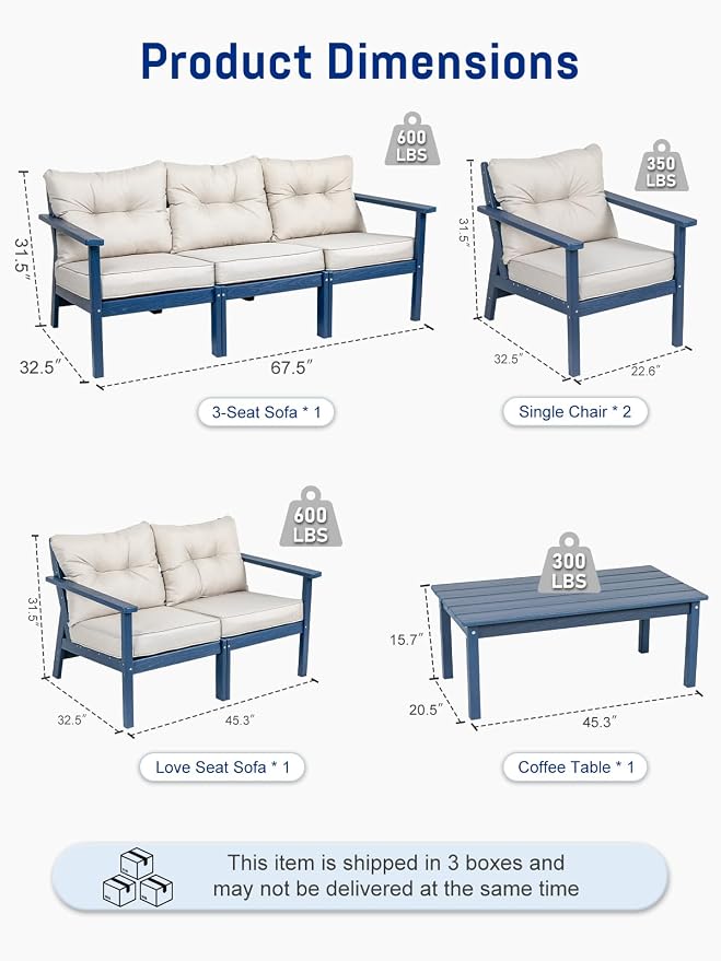 HDPE Patio Conversation Set 7 Seats, Outdoor Furniture Set, Patio Sofa Set | Water-Resistant Thick Cushion, HDPE All Weather, Wood-Grain, No Rot or Rust or Crack, UV Fade Shield, Easy-Clean for Outside