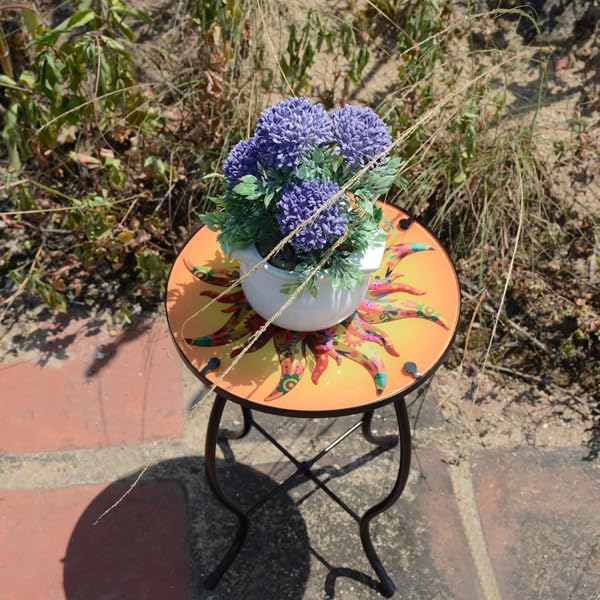 13.5 Inch Round The Sun Glass Side Table, Patio Small Table, Outdoor Side Table, Outdoor Bar Table, Metal Glass End Table for Porch Garden Patio Pool Living Room