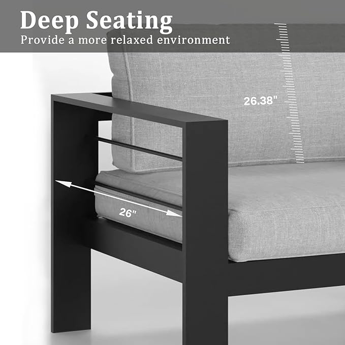 8 Pieces Patio Conversation Sets, Aluminum Outdoor Couch with Coffee Table, All-Weather Metal Patio Sofa with 5" Thick and Soft Cushion and Wide Arm, Outdoor Sofa Sets for Balcony, Porch, Light Gray