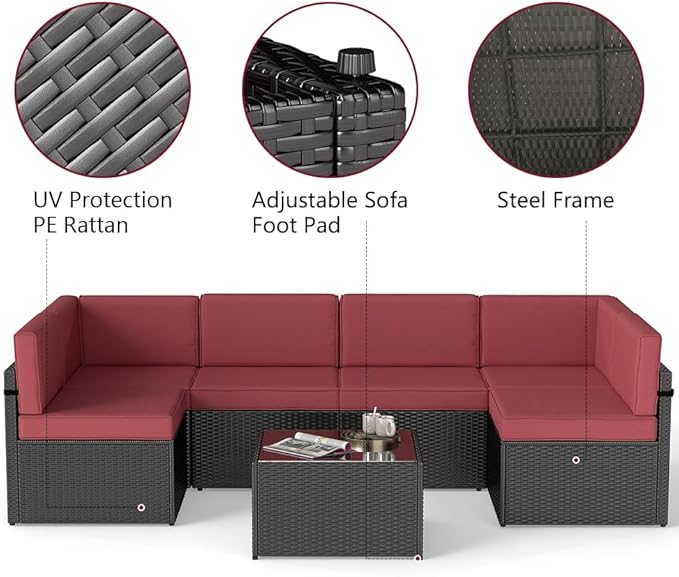 FIZZEEY 7 PCs Outdoor Patio Furniture PE Wicker Rattan Sectional Conversation Sofa Set, Burgundy