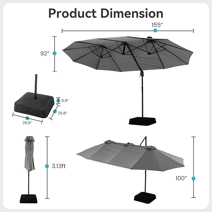 COSIEST 8 * 13FT Cantilever Patio Umbrella with Base,Large Rectangle Offset Umbrella，Heavy Duty Double-Sided Table Market Umbrella for Garden, Pool, Deck Shade, Dark Gray