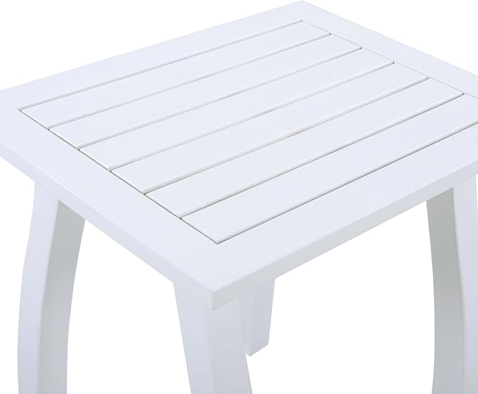 Acacia Wood Outdoor Side Table, Weather Resistant Slatted Design Patio Coffee End Table, Decorative Decorated Accent Table for Balcony Beach Poolside, Natural Stained (White PU + Acacia Wood)