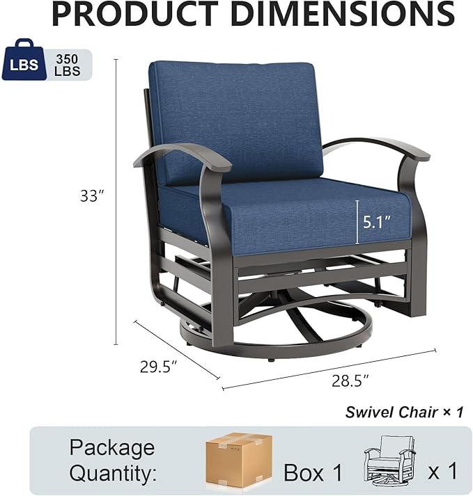 Gotland Outdoor Furniture, Metal Outdoor Swivel Chair with 5.1’’ High-Resilience Seat Cushions 6.2’’ Thick Back Pillow 29.5’’ Deep Seat Removable Cushions, Patio Furniture for Lawn, Porch, Navy