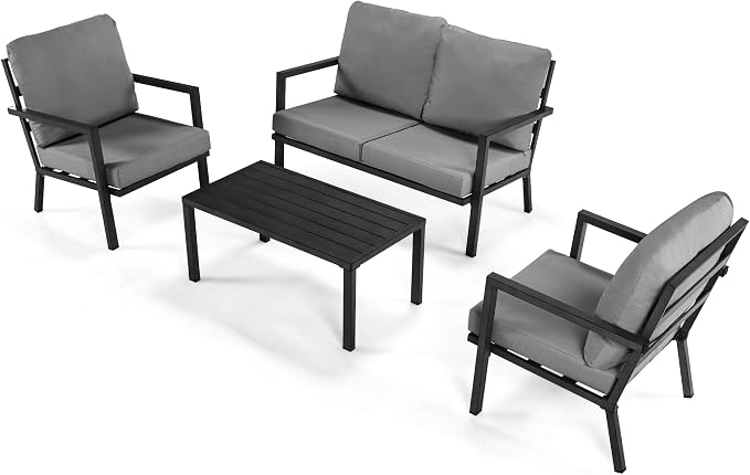 HAPPATIO Aluminum Patio Furniture Set, 4 Pieces Conversation Set with Thick Cushions and Coffee Table, All Weather Loveseat Waterproof and Rustproof for Garden, Backyard, Porch, Black