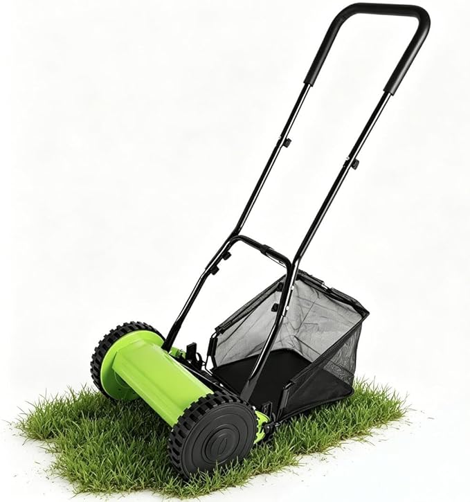 12-Inch 5-Blade Manual Push Reel Lawn Mower, Motorless Lawn Mower with 6 Gallon Grass Catcher Walk-Behind Cordless Grass Cutter 0.67-1.3'' Adjustable Cutting Height Hand Mower