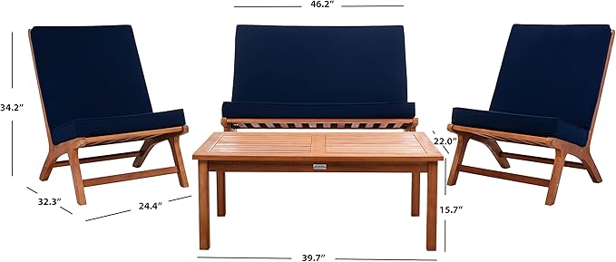 SAFAVIEH Outdoor Collection Chaston Natural Wood/Navy Cushion 4-Piece Conversation Patio Set