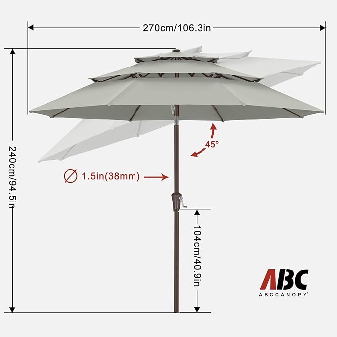 ABCCANOPY 9Ft 3 Tiers Market Umbrella, Outdoor Table Umbrella for Patio, Deck, Backyard (Gray)