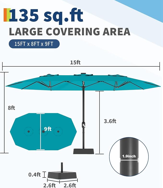 GarveeLife Large Patio Umbrella with Base Included, Double-Sided Rectangle Market Umbrella with Cross Base and Sandbag for Pool Lawn Garden (Misty Blue, 15FT)