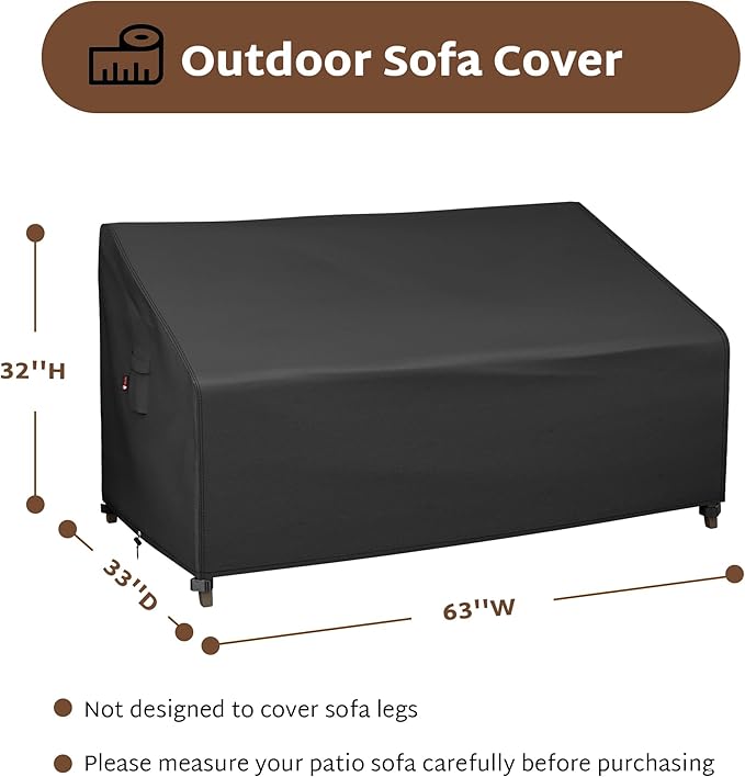 iBirdie Patio Furniture Sofa Covers 63W x 33D x 32H inch 2-Seater Outdoor Waterproof Couch Loveseat Bench Cover, Black