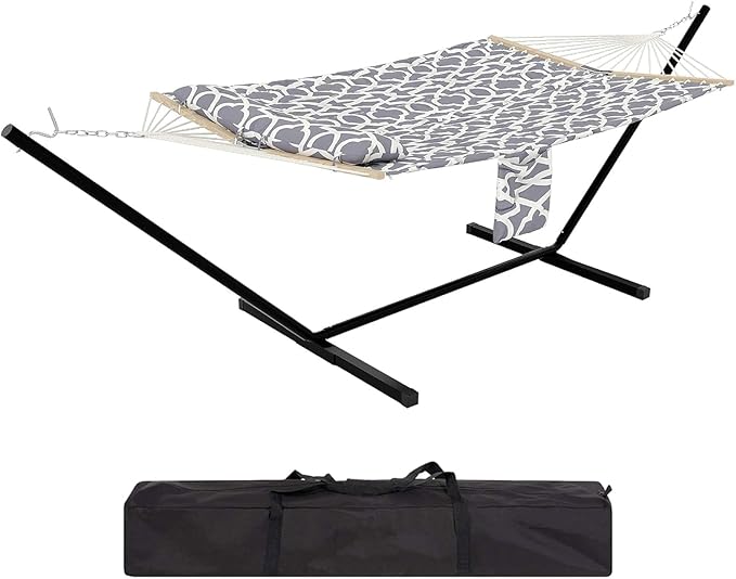 Double Hammock with Stand, Portable Hammock with Reinforced Steel Frame & Storage Bag, 450 Lb Capacity, Striped