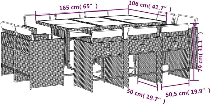 11 Piece Outdoor Rattan Dining Set with 10 Folding Chairs and Cushions Beige Poly Rattan for Patio Garden Backyard Relaxation Tempered Glass Table UV Proof 242.5 lb Capacity