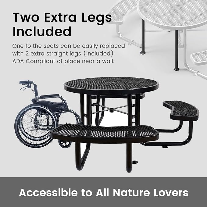 46" Round Commercial Picnic Table for 4-8 Person, Heavy Duty Metal Outdoor Picnic Table with Umbrella Hole for Coffee Shop, School, Hospital, Easy to Install, Black