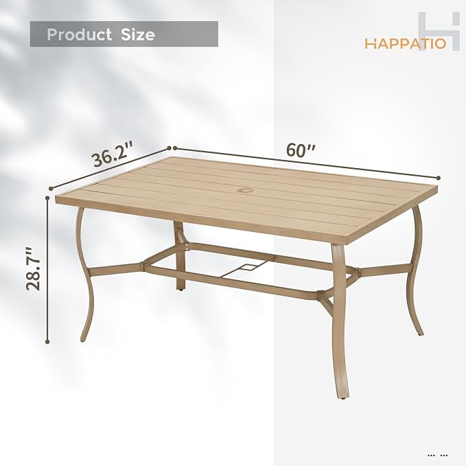 HAPPATIO Outdoor Dining Table for 6, Aluminum Rectangle Outdoor Dining Table with Umbrella Hole, All-Weather Aluminum Patio Dining Table for Garden Yard Poolside, Only Table, Beige