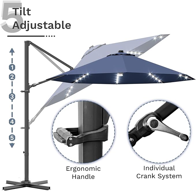 Devoko 10ft Solar LED Patio Umbrella, Round Cantilever Outdoor Umbrella with Solar Lights and 360-Degree Rotation, Large Hanging Offset Market Umbrella with Easy Tilt for Patio Deck Garden, Navy Blue